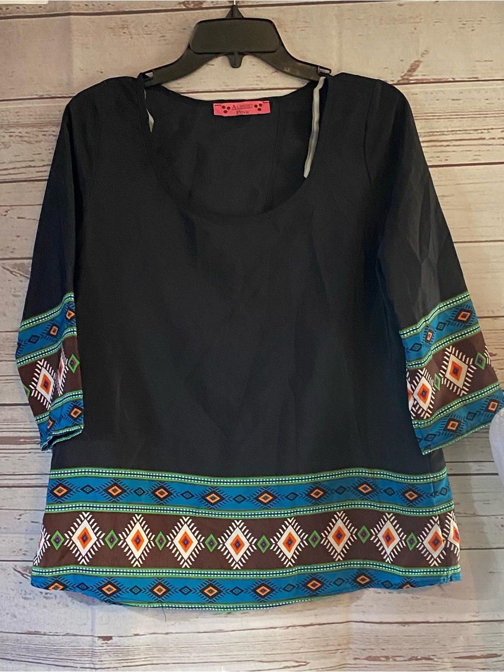 Almost Pink Boho Tribal Print Blouse Black 3/4 Sleeve Top Medium USA Made